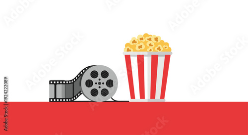 A red and white striped popcorn bucket sits next to a grey film reel and black film strip on a red surface against a white background.
