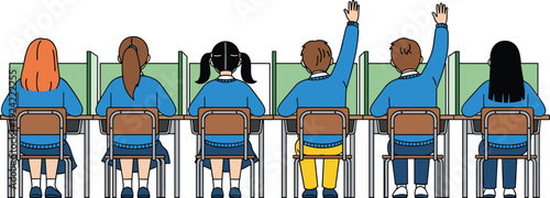 Students sitting in classroom raising hands, back view of school children at desks, education learning concept illustration, classroom activity scene isolated on white background