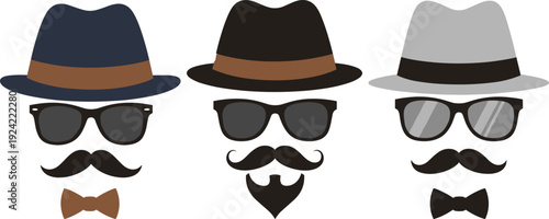Stylish gentleman accessories set featuring fedora hats sunglasses mustache beard and bow tie, hipster fashion elements collection, modern flat vector illustration isolated on white background