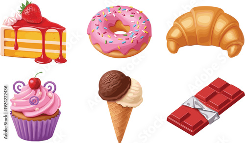 Sweet dessert collection vector illustration featuring cake donut croissant cupcake ice cream chocolate isolated