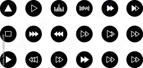 Media Player Control Button Icon Set with Play, Pause, Stop, Forward, Rewind, and Audio Level Symbols for Apps and Interfaces
