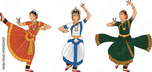 Traditional Indian classical dancers vector illustration set featuring graceful women in cultural costumes, elegant dance poses, heritage performance art isolated collection