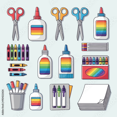 Vibrant Art and Craft Supplies Vector Illustration Set with Scissors, Glue, Crayons, Pencils, Markers, and Paper for Creative Projects