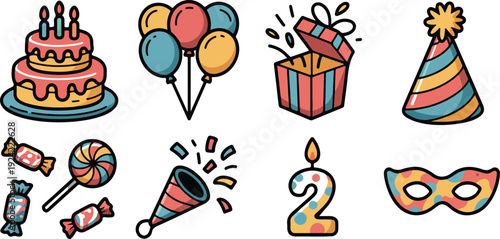 Set of cartoon birthday party icons, vector graphics with a two-tiered cake and colorful balloons.