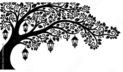 Fantasy Tree Silhouette with Ornamental Lanterns Storybook Forest Vector Art