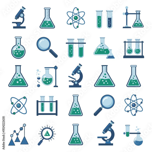 Science laboratory equipment icons vector set. Chemistry, biology, and research symbols: flasks, test tubes, microscopes, atoms, and magnifiers.