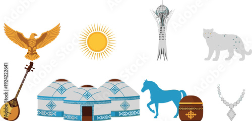 Traditional Kazakhstan cultural symbols illustration set featuring golden eagle, dombra, yurt, Baiterek Tower, sun, horse, treasure chest, snow leopard, and national ornament elements