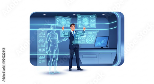 Businessman interacts with futuristic holographic interface in virtual reality environment with human body scan