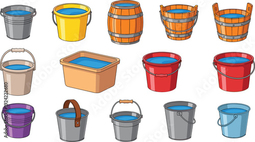 Water bucket illustration set, colorful container collection including metal plastic and wooden tubs, household utility objects, clean vector design isolated on white background