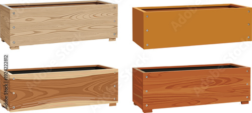 Wooden planter boxes illustration set, rustic garden containers in various wood textures, outdoor gardening design elements, natural furniture vector collection