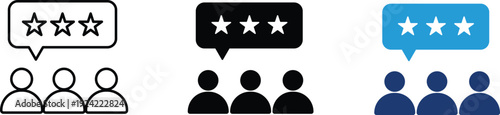Group of people with star rating speech bubble icon showing customer feedback and user reviews. Business communication illustration for service evaluation, client testimonials, satisfaction surveys