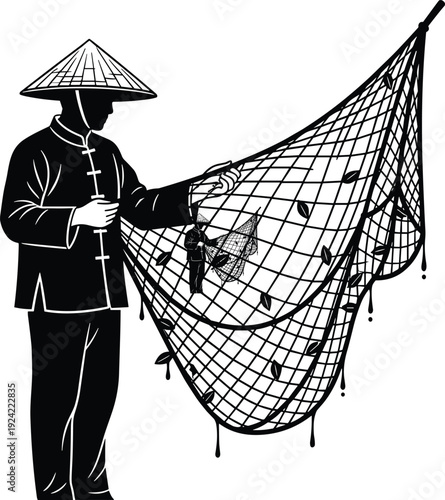 Black and white vector illustration of an Asian fisherman wearing a traditional conical hat and holding a large fishing net for cultural and industrial concepts.