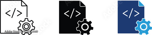 Code document with gear icon showing web development and software programming. Technical illustration for backend engineering, script optimization, application settings, digital coding