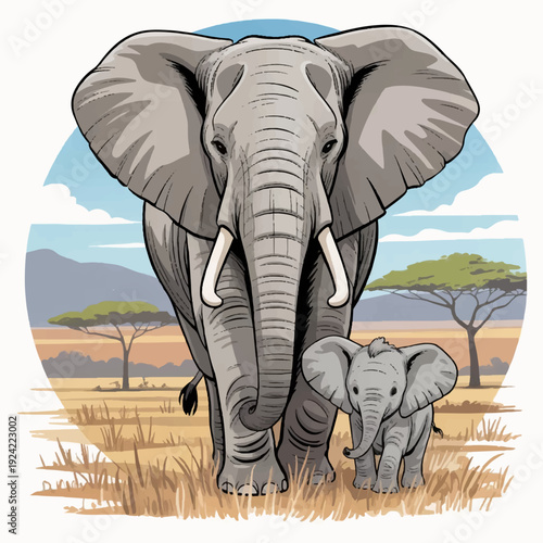 Vector flat cartoon illustration of a large elephant with its baby elephant on a savannah background.