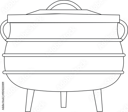 Outline of a three legged cast iron pot side view vector illustration. 