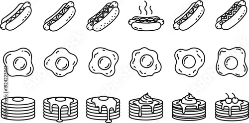 Set of Breakfast and Fast Food Vector Icons Featuring Hot Dogs Fried Eggs and Pancakes with Syrup for Restaurant Menus