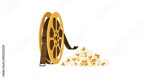 A golden yellow film reel with a trailing brown film strip stands next to a small pile of popcorn kernels on a white background.