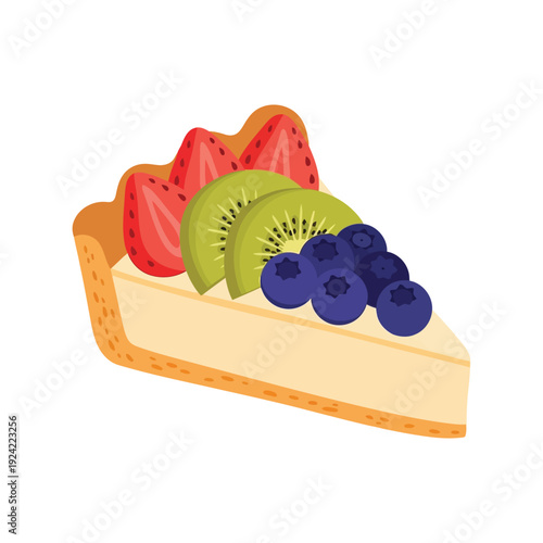 Fruit Cheesecake Slice Vector Clipart with Strawberry, Kiwi, Blueberry Illustration