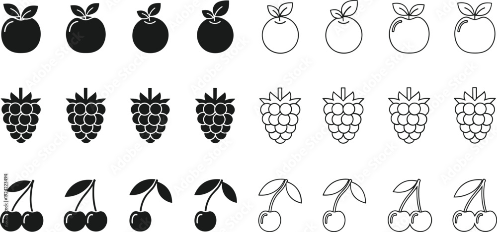 Fototapeta premium Set of Fruit Vector Icons Featuring Apples Raspberries and Cherries in Solid Silhouette and Outline Styles for Food and Grocery Design