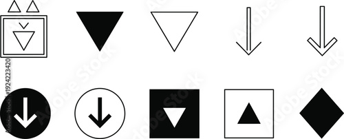 Set of Directional Arrow Vector Icons Featuring Downward Triangles and Pointers in Solid and Outline Styles for Navigation Interface Design