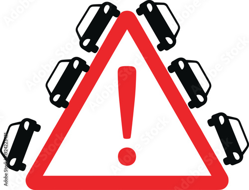 Car accident warning sign, CAD drawing flat vector illustration with traffic hazard symbol and vehicles