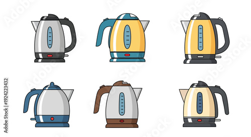 Illustration of six electric kettles in various colors and designs