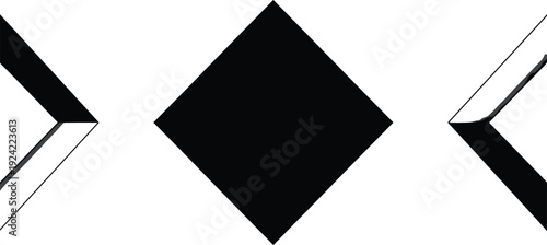 Set of High Contrast Geometric Vector Icons Featuring Three Dimensional Arrow Pointers and a Large Solid Black Diamond Shape Silhouette