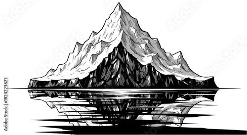 Black and white drawing of an iceberg floating in water with reflection