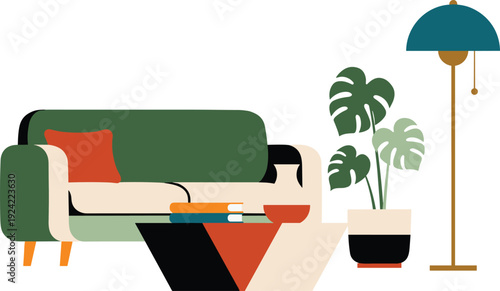 Modern Living Room Interior Vector Illustration, Cozy Sofa with Coffee Table Floor Lamp and Indoor Plant, Stylish Home Decor Scene Isolated on White Background
