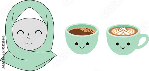 Cute hijab woman character with smiling coffee cups, flat vector illustration for cafe branding, lifestyle design, friendly beverage concept