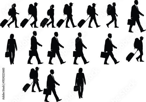 Business traveler silhouettes collection, CAD drawing flat vector illustration of walking people with luggage and briefcase