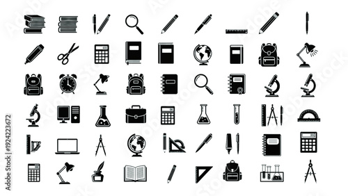 Black Silhouette Education Accessories Icon Set | 20 Vector Icons
