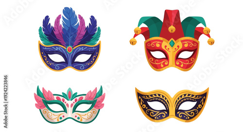 Four colorful carnival masks with feathers and ornate designs on white background