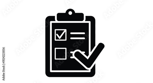 Black silhouette of a clipboard with checkboxes and a checkmark
