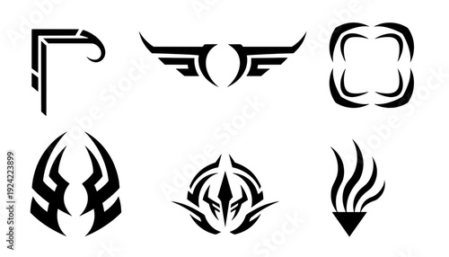 Collection of black tribal vector wings and sharp Y2K futuristic cyber graphic shapes. Ideal for edgy gaming logos, modern UI design, and tattoos