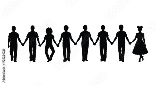 A line of silhouetted people holding hands in a connected group