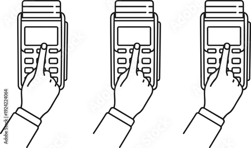 Set of Payment Terminal Vector Illustrations Showing Hand Pressing Buttons on POS Machine for Financial Transaction and Retail Checkout Concepts