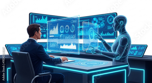 Businessman and robot collaborate on futuristic data analysis with multiple screens and holographic projections in modern office