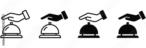Pressed the bell icon set, flat and line vector icons depicting service, hotel, reception, and restaurant bells, bell ringing symbols for customer support, hospitality, and creative digital or print 
