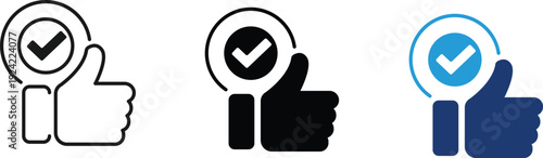 Thumbs up with checkmark icon showing approval and positive feedback. Business communication illustration for customer satisfaction, quality guarantee, verified success, social media likes