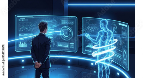 Businessman in futuristic lab analyzing human body scan with holographic screens and data charts