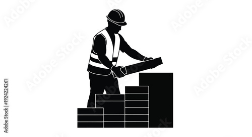 Construction worker placing a brick on a growing stack of blocks