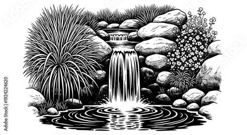 Black and white illustration of a small waterfall cascading over rocks surrounded by plants and water