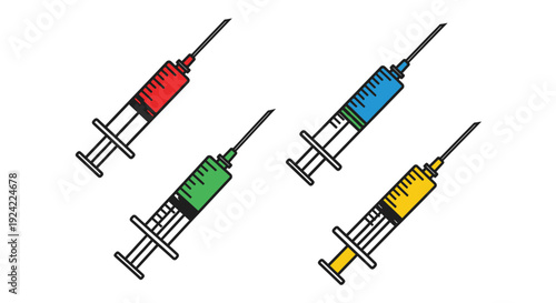 Four colorful medical syringes displayed in a simple graphic illustration
