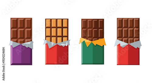 Four chocolate bars with different colored wrappers are displayed