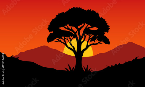 African savanna sunset vector illustration with silhouette of a baobab tree, sun, and mountains background.