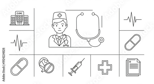 Medical icons set including doctor hospital stethoscope pills syringe and medical chart on white background for healthcare and wellness concepts
