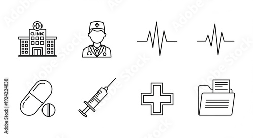 Medical icons set including clinic nurse ecg pills syringe cross and medical records on white background for healthcare concepts