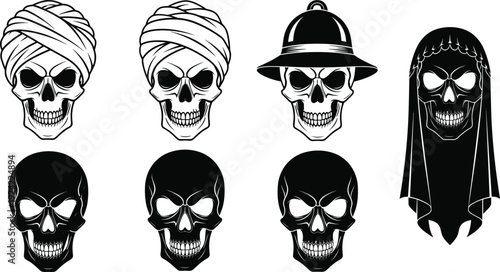Set of Stylized Human Skull Vector Illustrations Featuring Traditional Turbans Pith Helmet and Veiled Reaper Silhouettes for Dark Creative Design