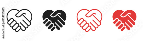 Handshake heart icon set. Vector symbols of friendship, partnership and support. Outline and solid hand shake signs